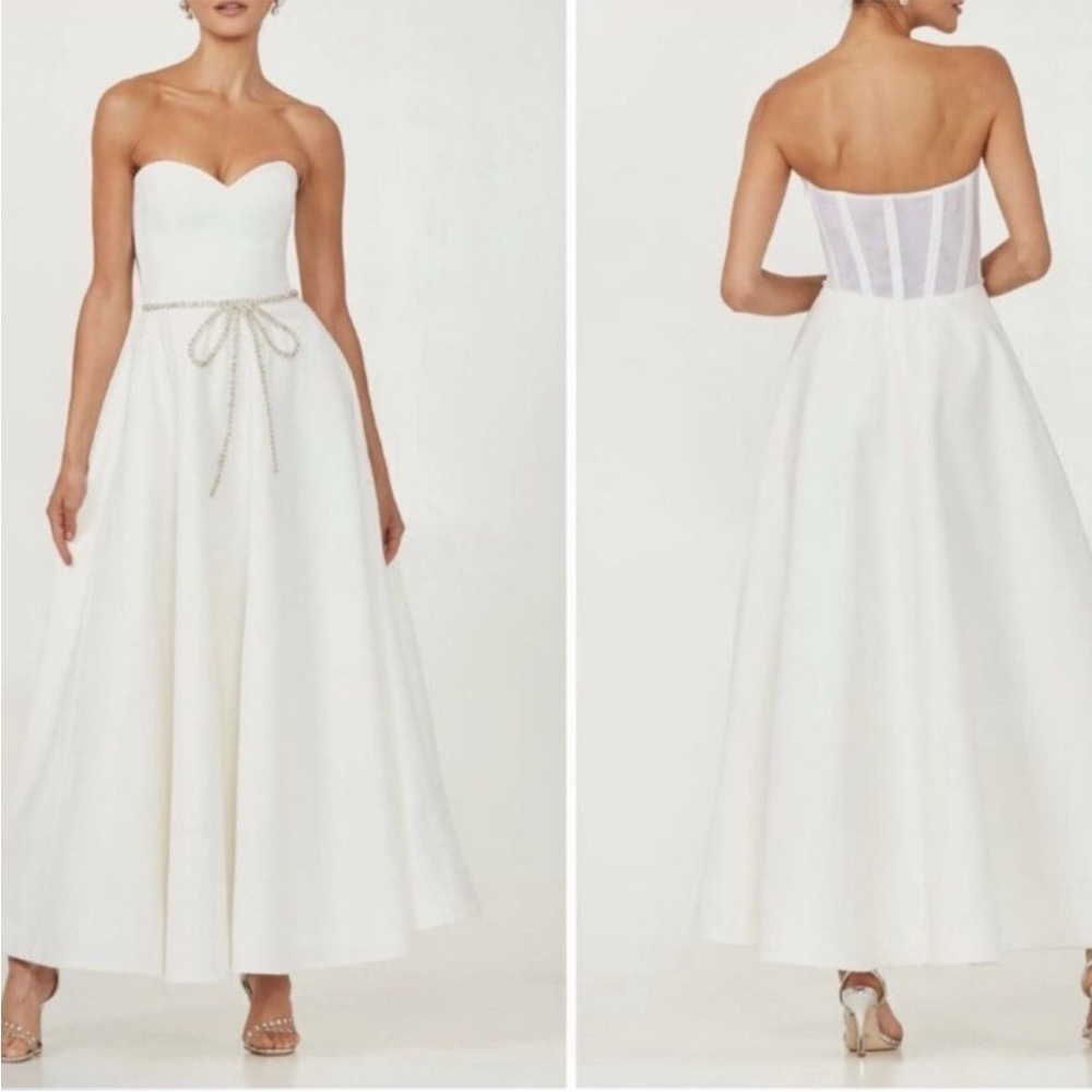 NWT Helsi Grace Maxi Sweetheart Strapless Rhinestone Bow Dress White Sz XS